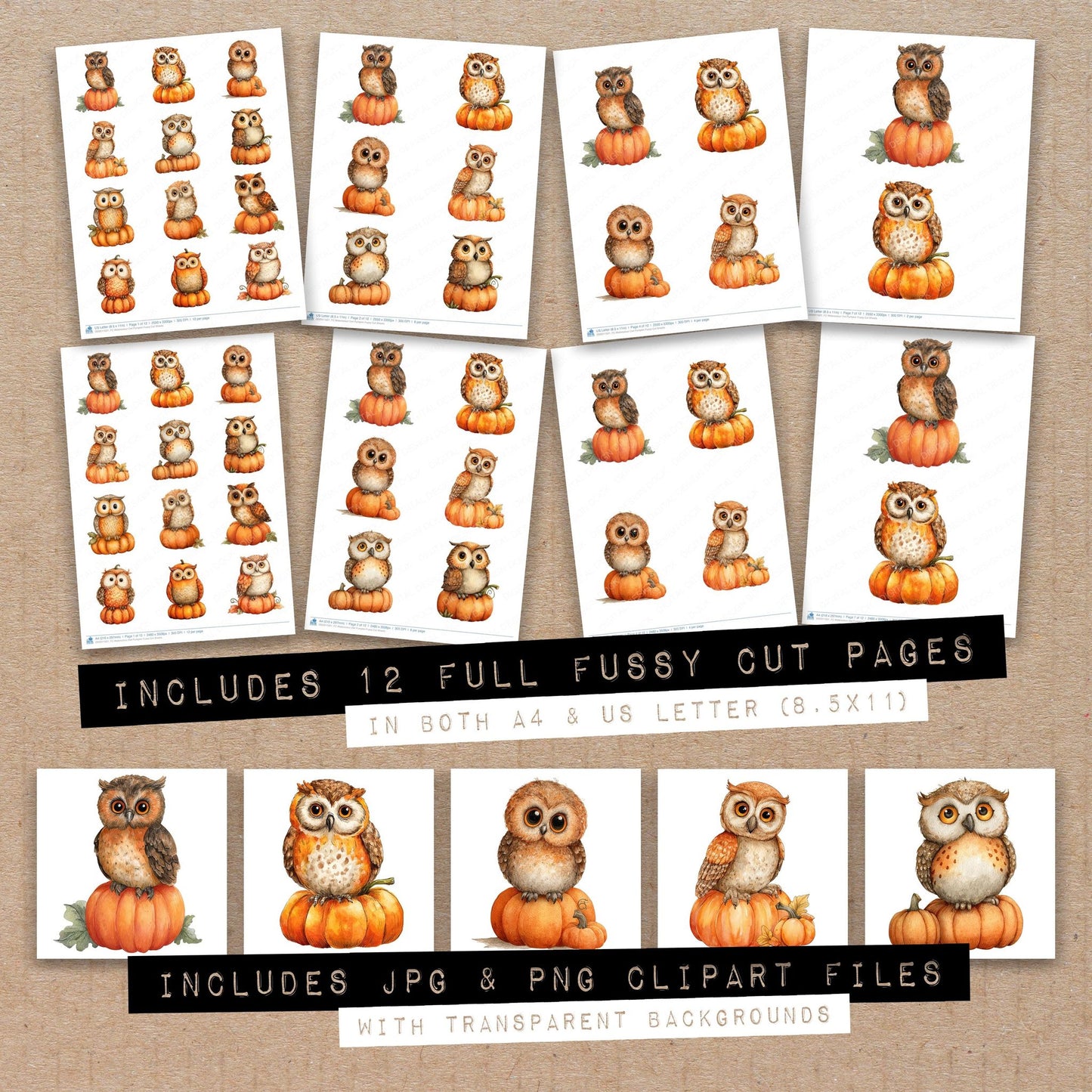 Full collection view of Watercolour Owl Pumpkin fussy cut sheets with bonus clipart JPG and PNG files