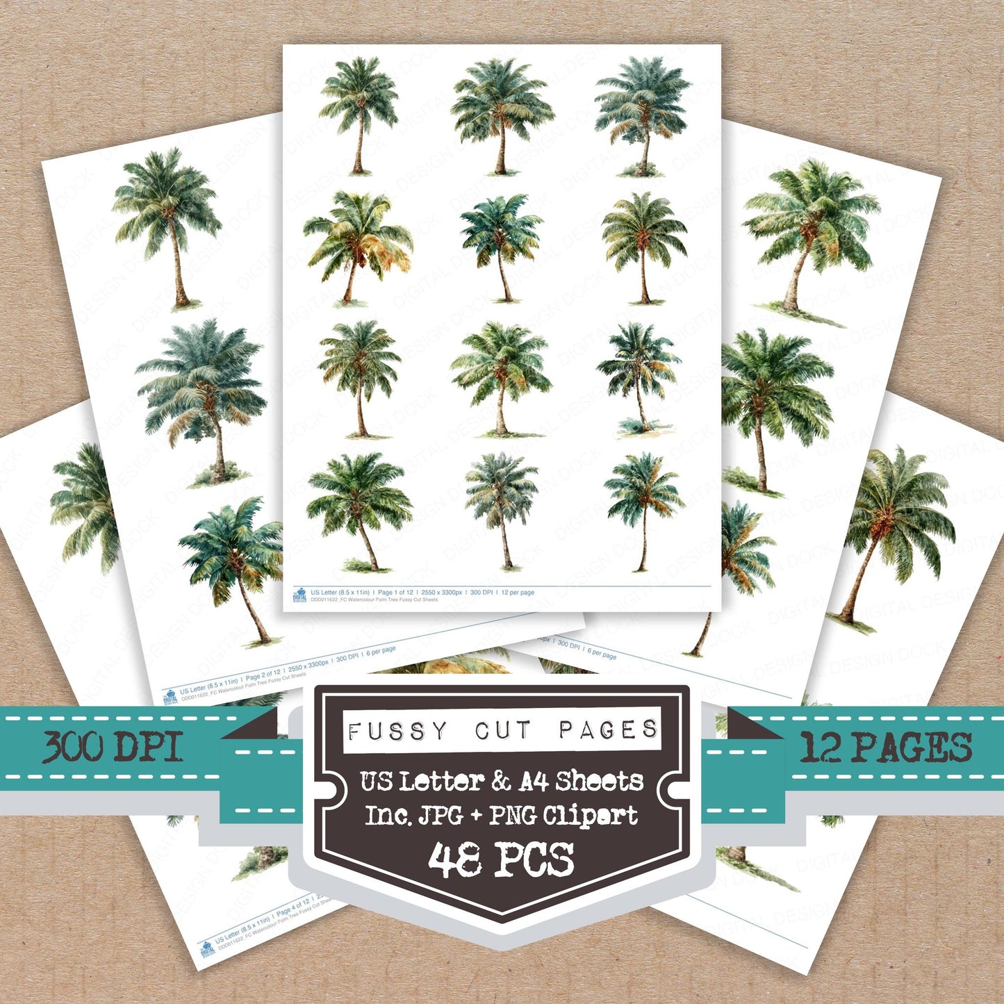 Watercolour Palm Tree fussy cut printable sheets for junk journaling, scrapbooking, and paper craft projects
