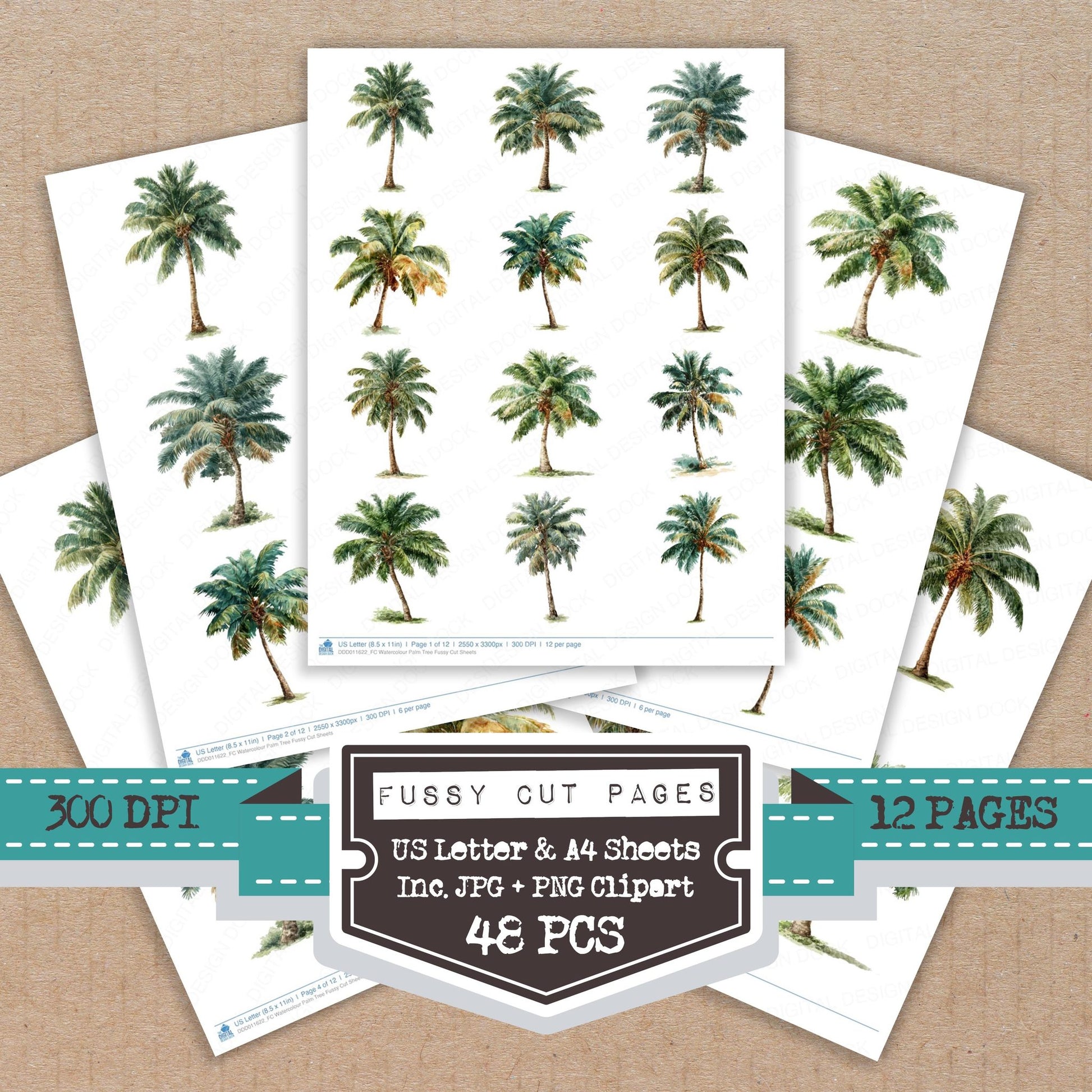Watercolour Palm Tree fussy cut printable sheets for junk journaling, scrapbooking, and paper craft projects