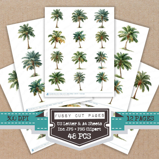 Watercolour Palm Tree fussy cut printable sheets for junk journaling, scrapbooking, and paper craft projects