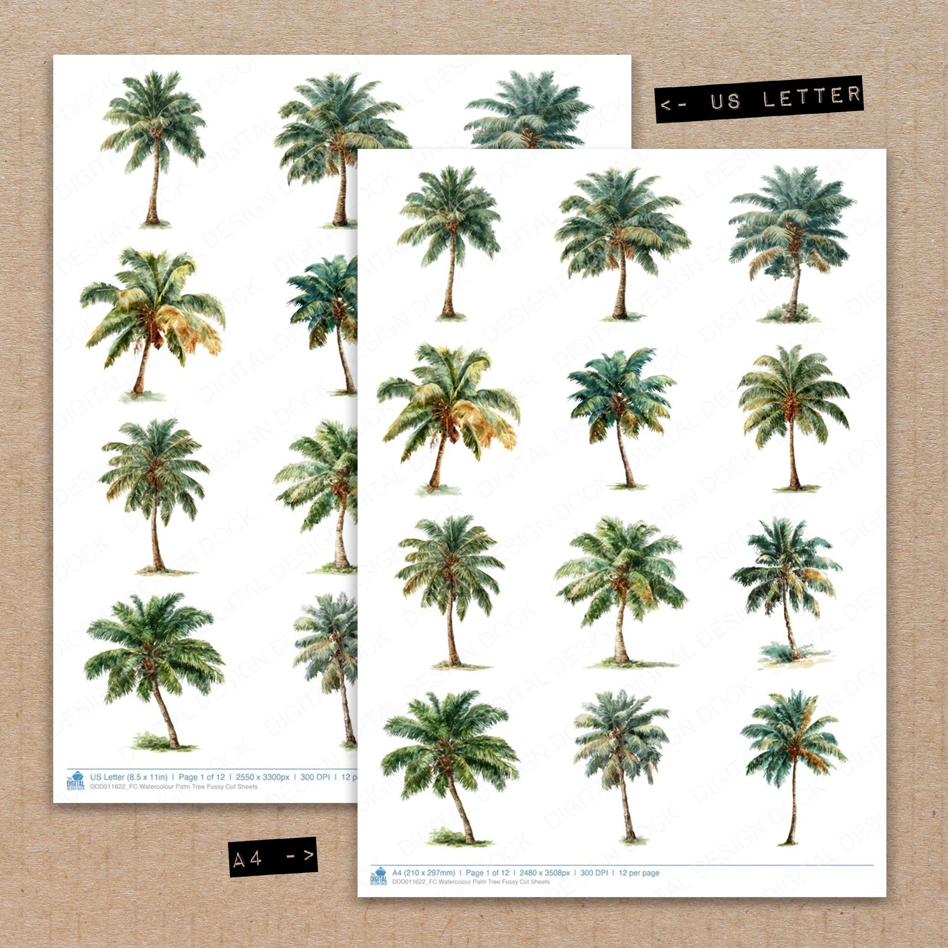A4 and US Letter format comparison showing Watercolour Palm Tree fussy cut pages for print and cut crafting