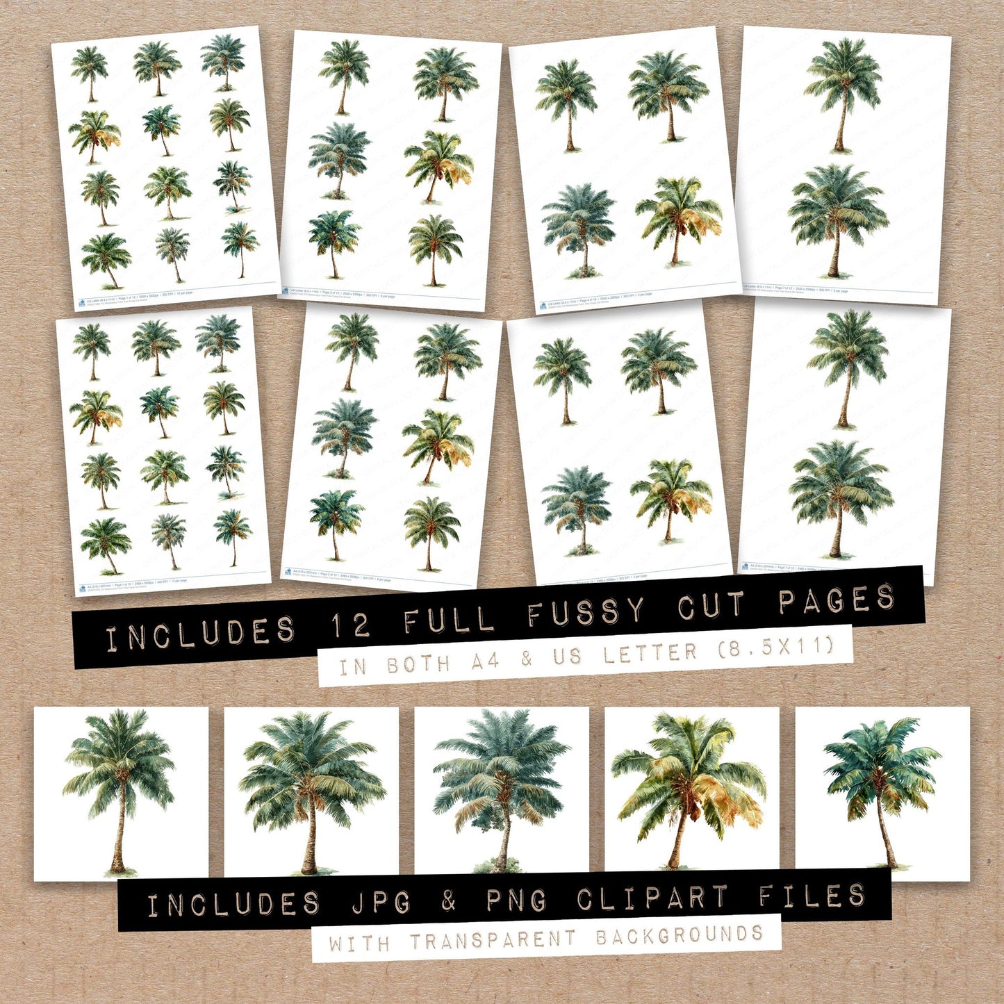 Full collection view of Watercolour Palm Tree fussy cut sheets with bonus clipart JPG and PNG files