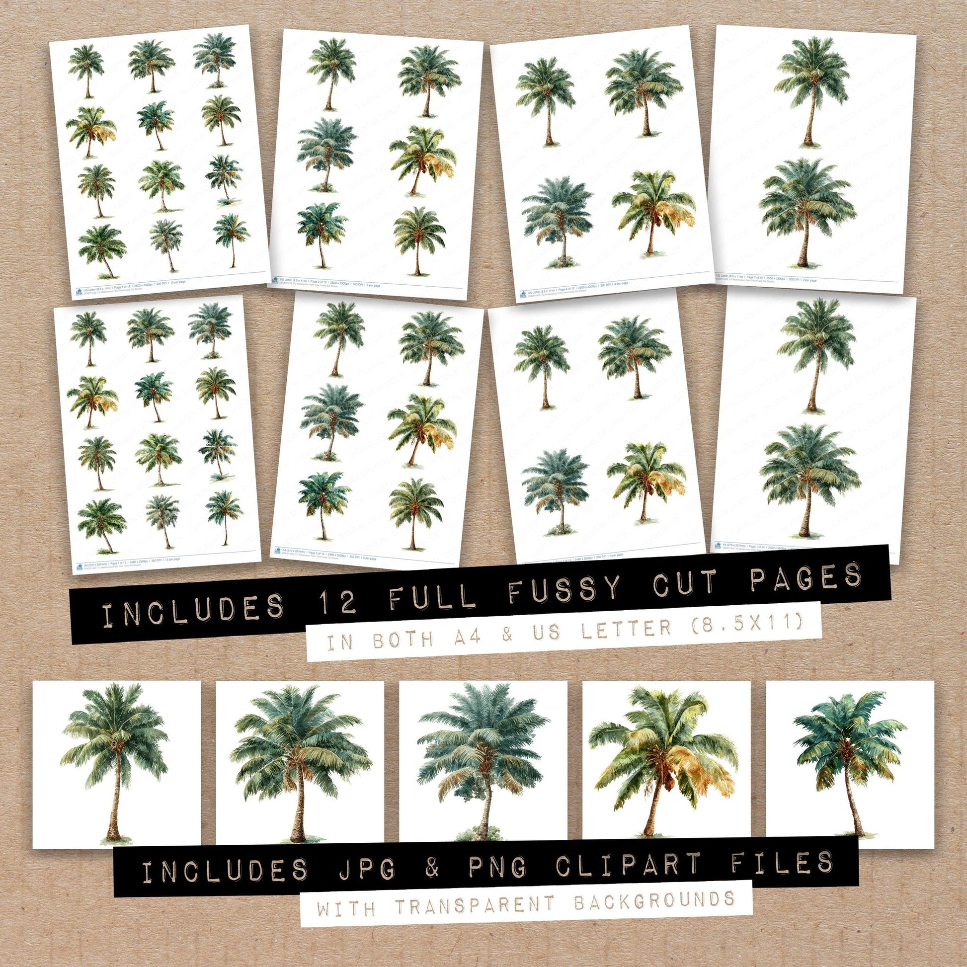 Full collection view of Watercolour Palm Tree fussy cut sheets with bonus clipart JPG and PNG files