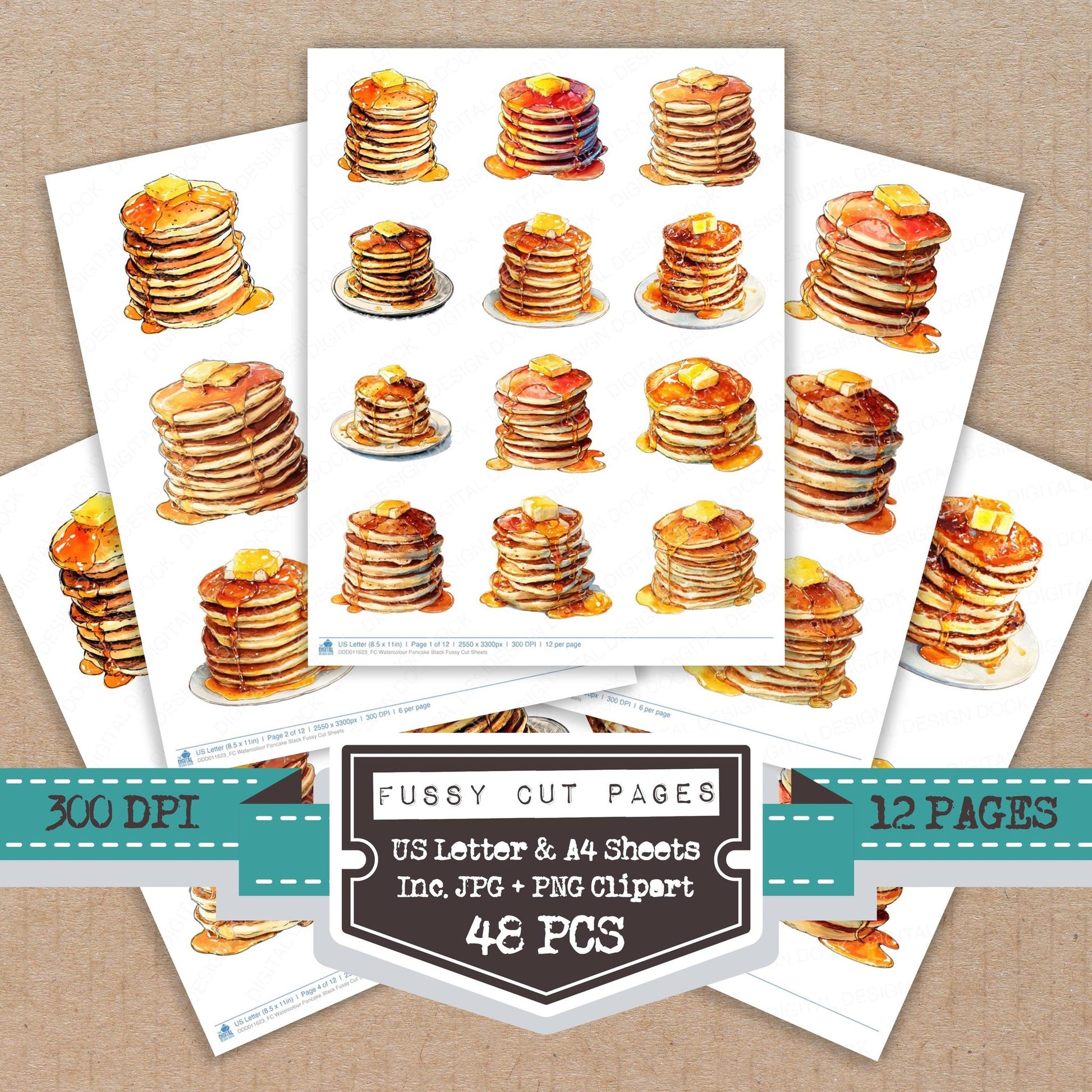 Watercolour Pancake Stack fussy cut printable sheets for junk journaling, scrapbooking, and paper craft projects