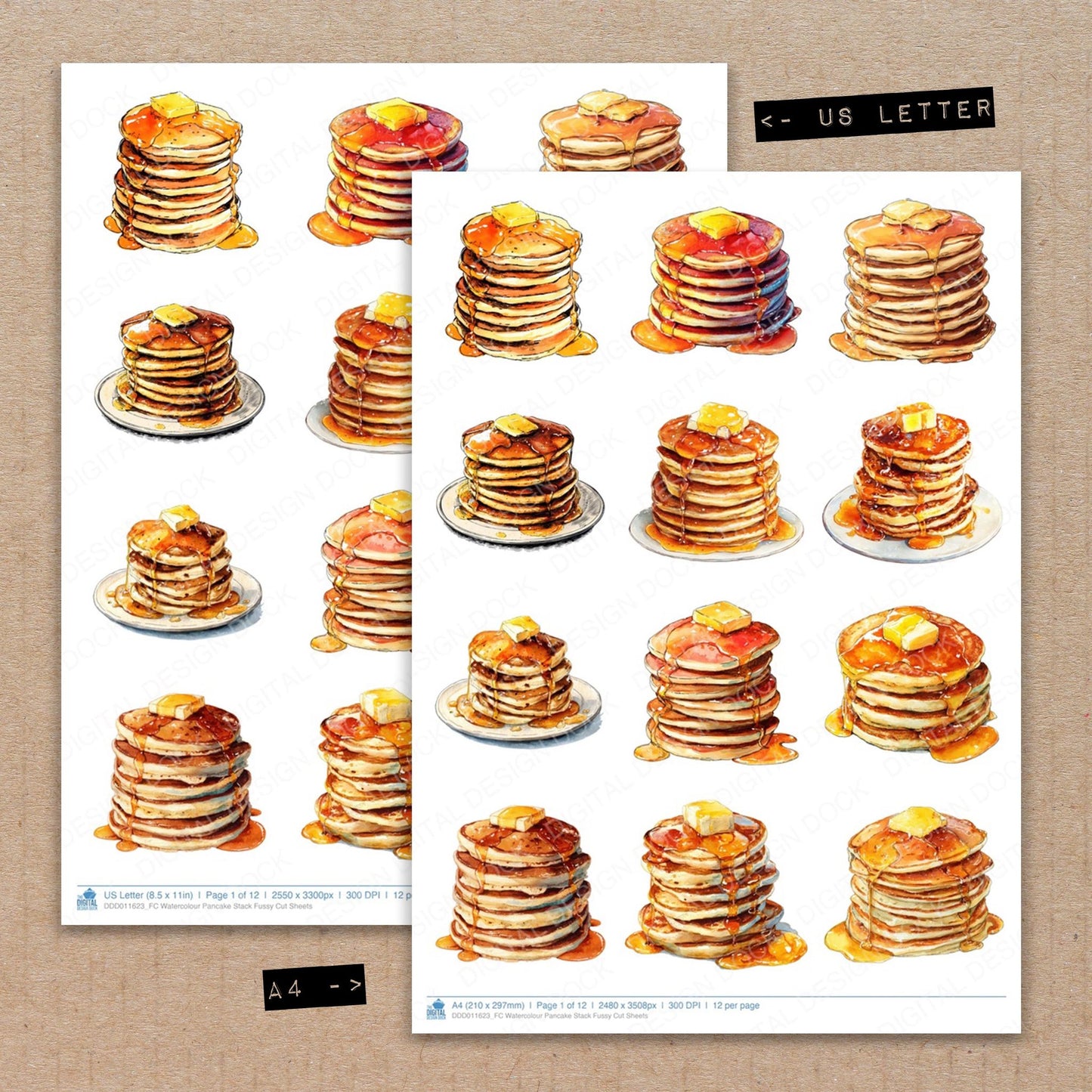 A4 and US Letter format comparison showing Watercolour Pancake Stack fussy cut pages for print and cut crafting