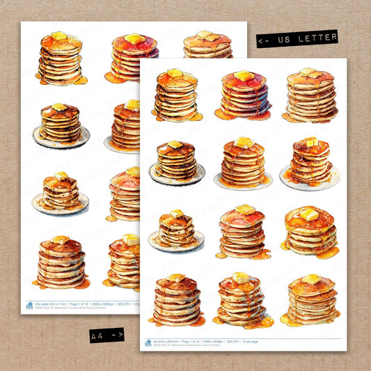 A4 and US Letter format comparison showing Watercolour Pancake Stack fussy cut pages for print and cut crafting