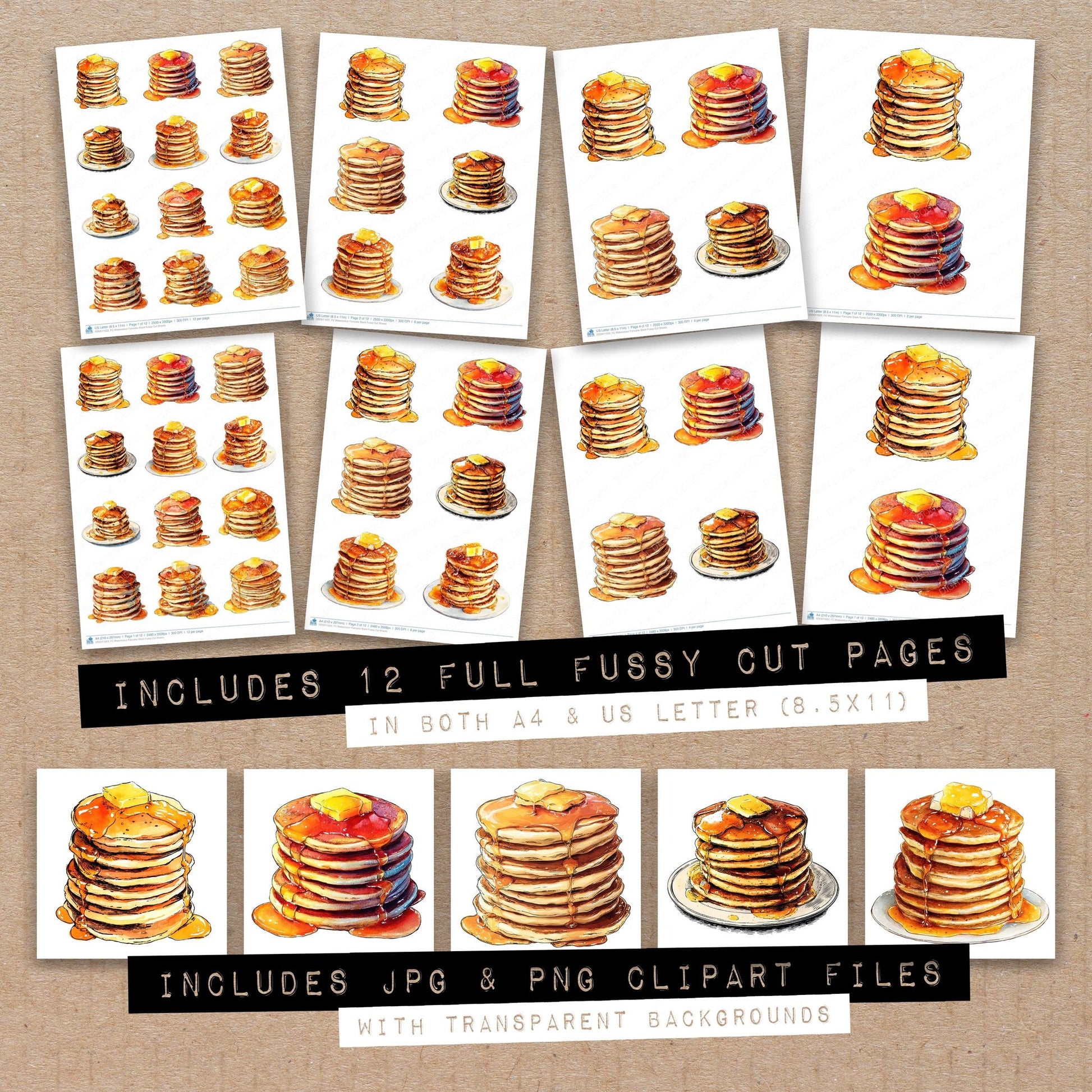Full collection view of Watercolour Pancake Stack fussy cut sheets with bonus clipart JPG and PNG files