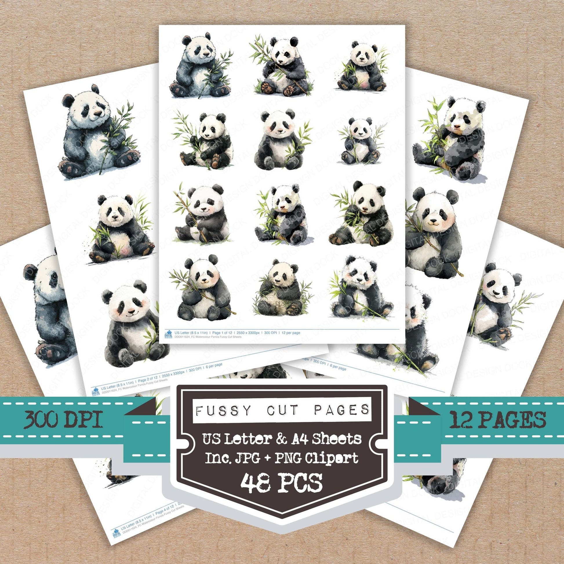 Watercolour Panda fussy cut printable sheets for junk journaling, scrapbooking, and paper craft projects