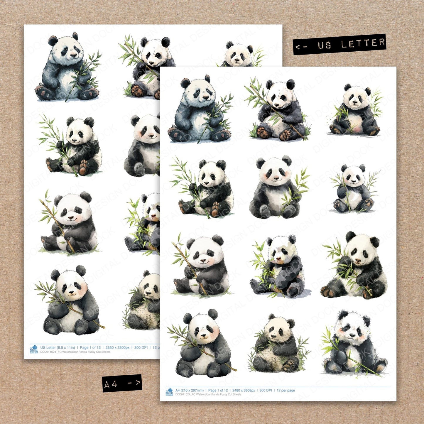 A4 and US Letter format comparison showing Watercolour Panda fussy cut pages for print and cut crafting