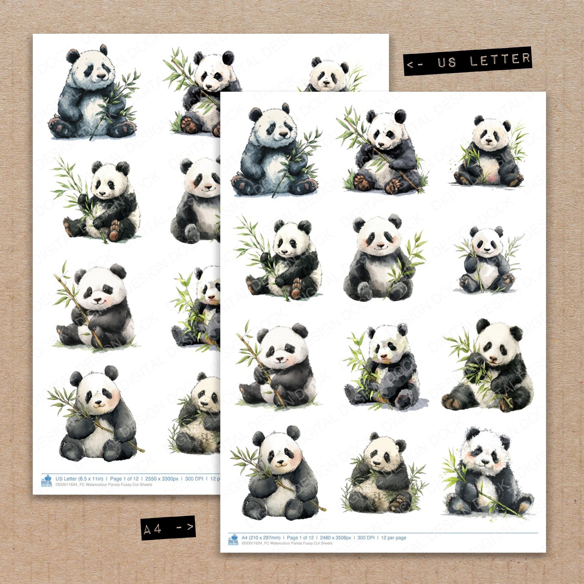 A4 and US Letter format comparison showing Watercolour Panda fussy cut pages for print and cut crafting
