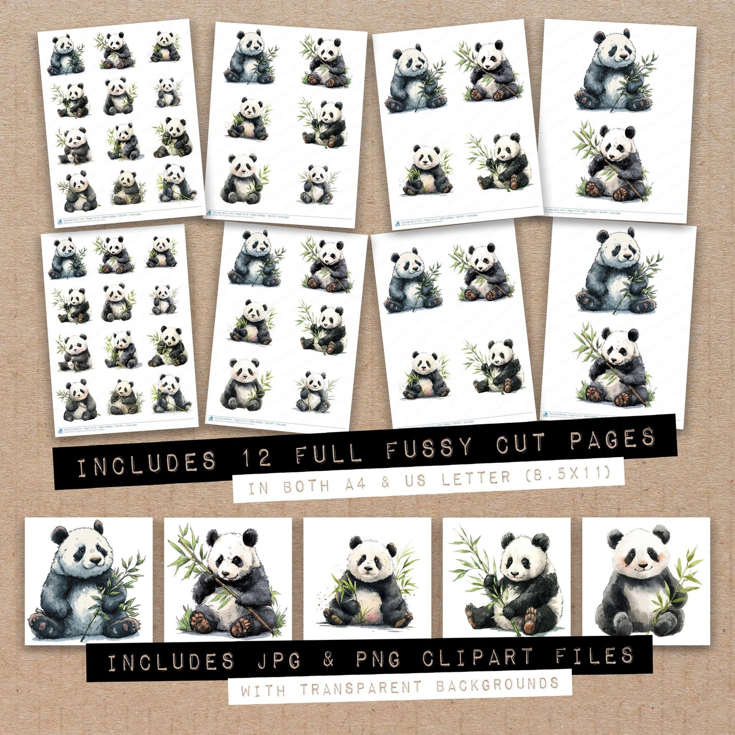 Full collection view of Watercolour Panda fussy cut sheets with bonus clipart JPG and PNG files