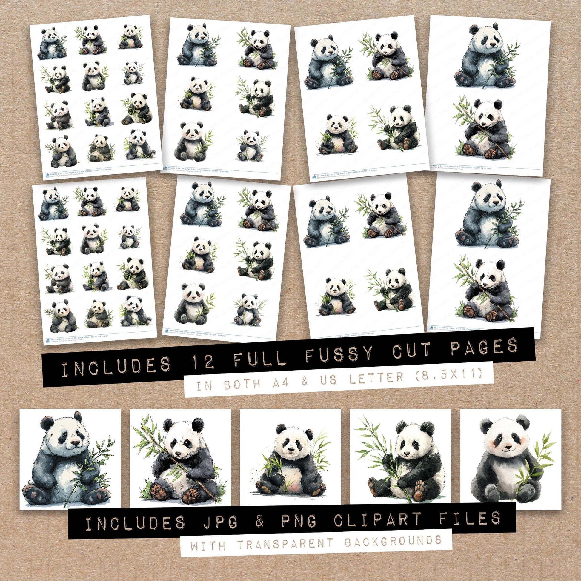 Full collection view of Watercolour Panda fussy cut sheets with bonus clipart JPG and PNG files