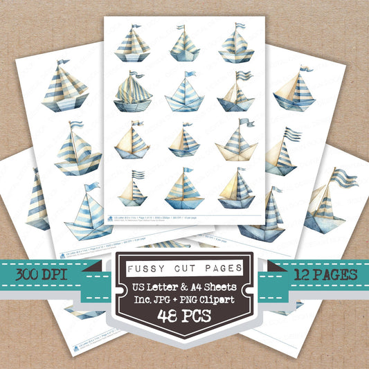 Watercolour Sailboat fussy cut printable sheets for junk journaling, scrapbooking, and paper craft projects