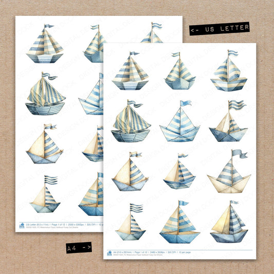 A4 and US Letter format comparison showing Watercolour Sailboat fussy cut pages for print and cut crafting