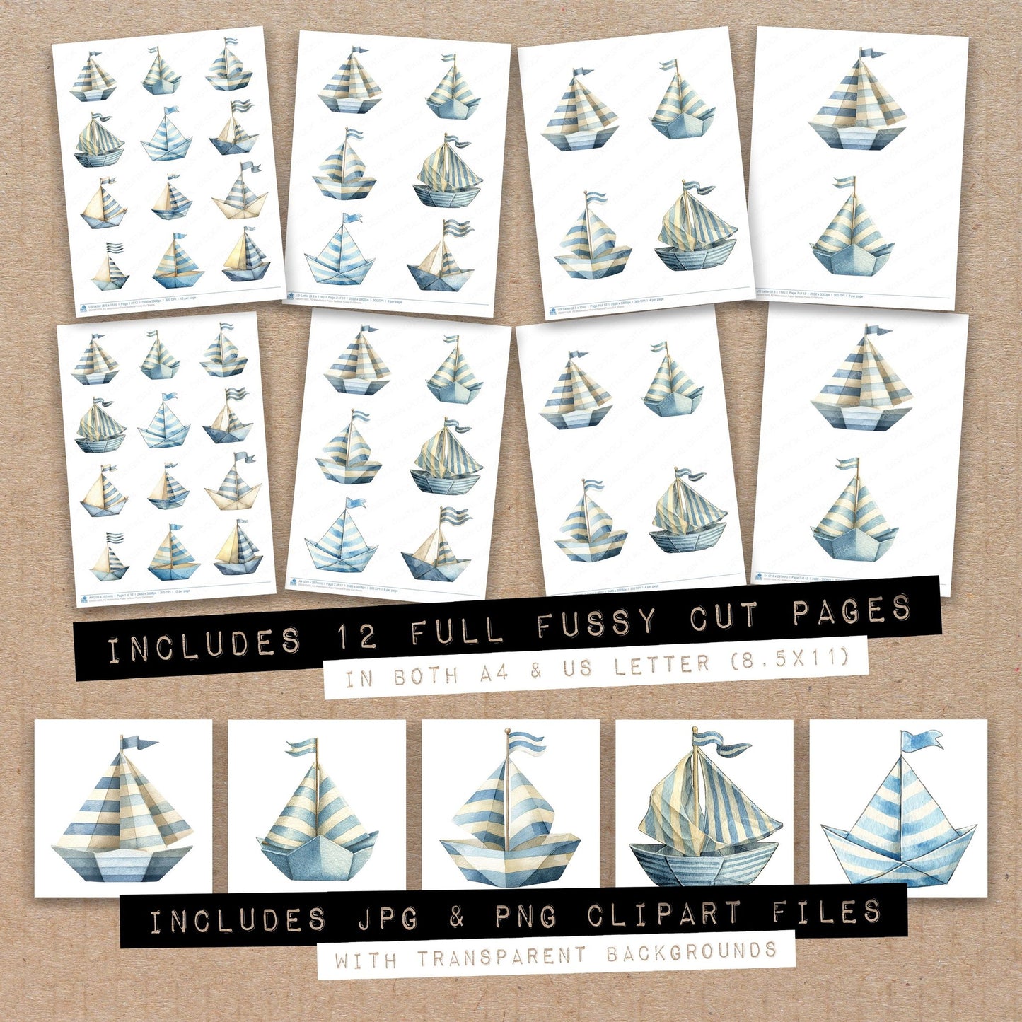 Full collection view of Watercolour Sailboat fussy cut sheets with bonus clipart JPG and PNG files