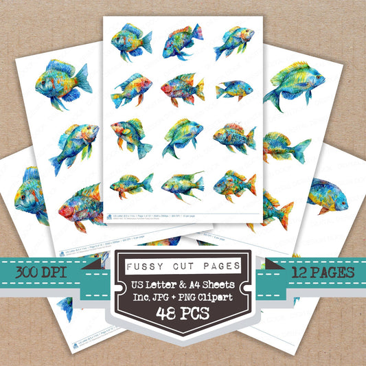 Watercolour Parrotfish fussy cut printable sheets for junk journaling, scrapbooking, and paper craft projects