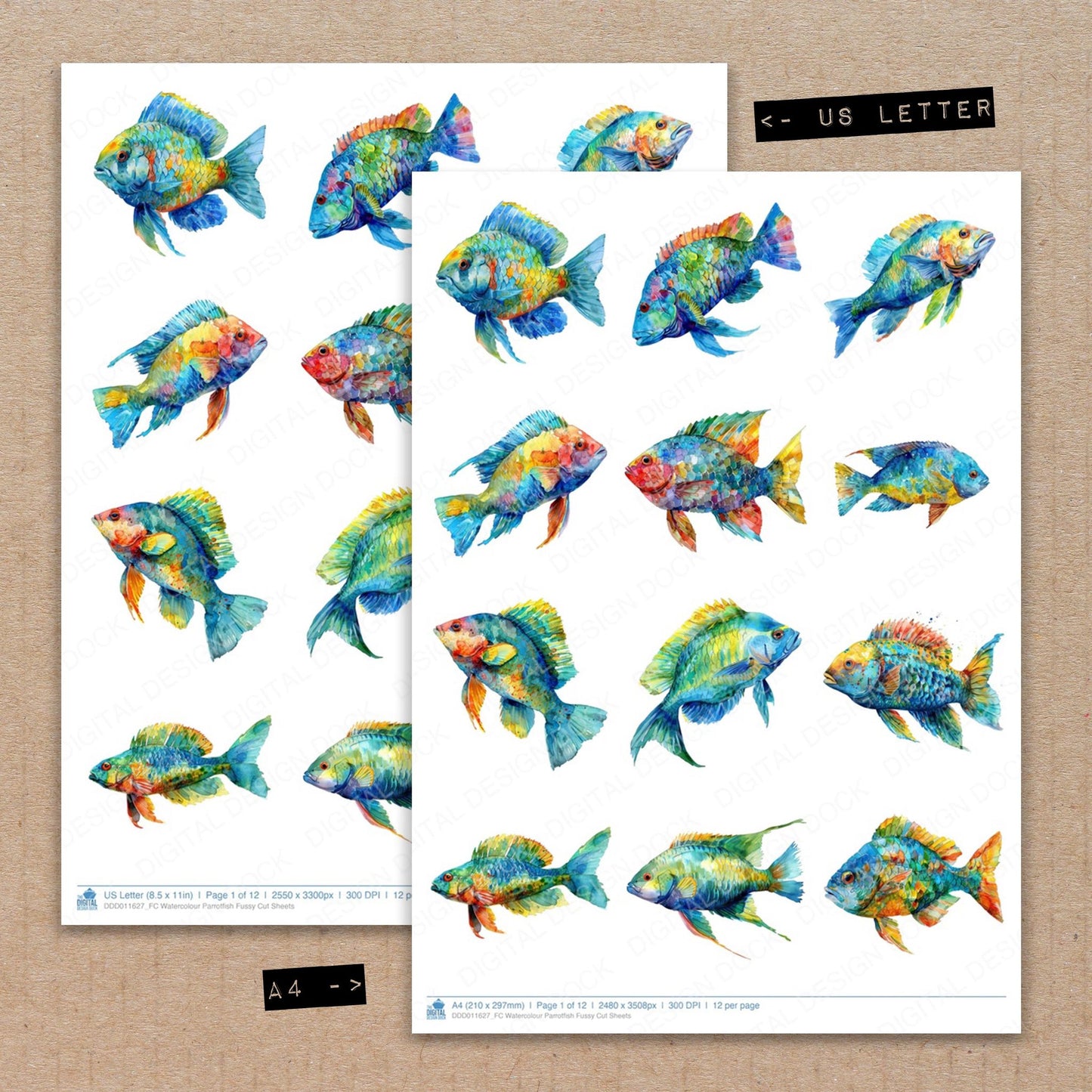 A4 and US Letter format comparison showing Watercolour Parrotfish fussy cut pages for print and cut crafting