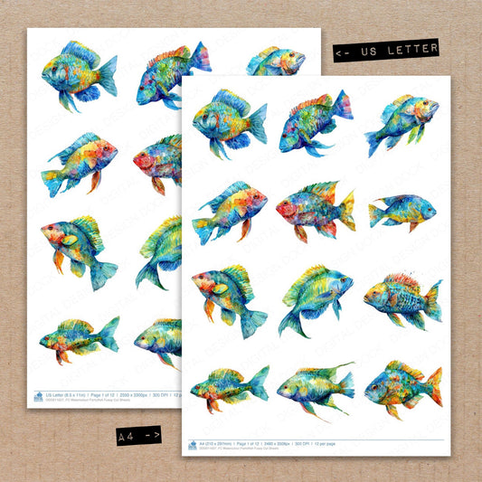 A4 and US Letter format comparison showing Watercolour Parrotfish fussy cut pages for print and cut crafting