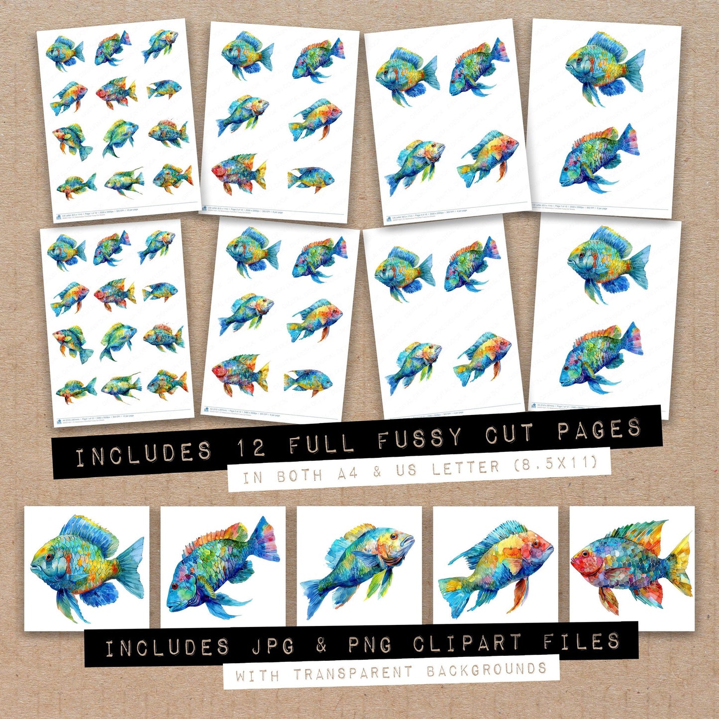Full collection view of Watercolour Parrotfish fussy cut sheets with bonus clipart JPG and PNG files