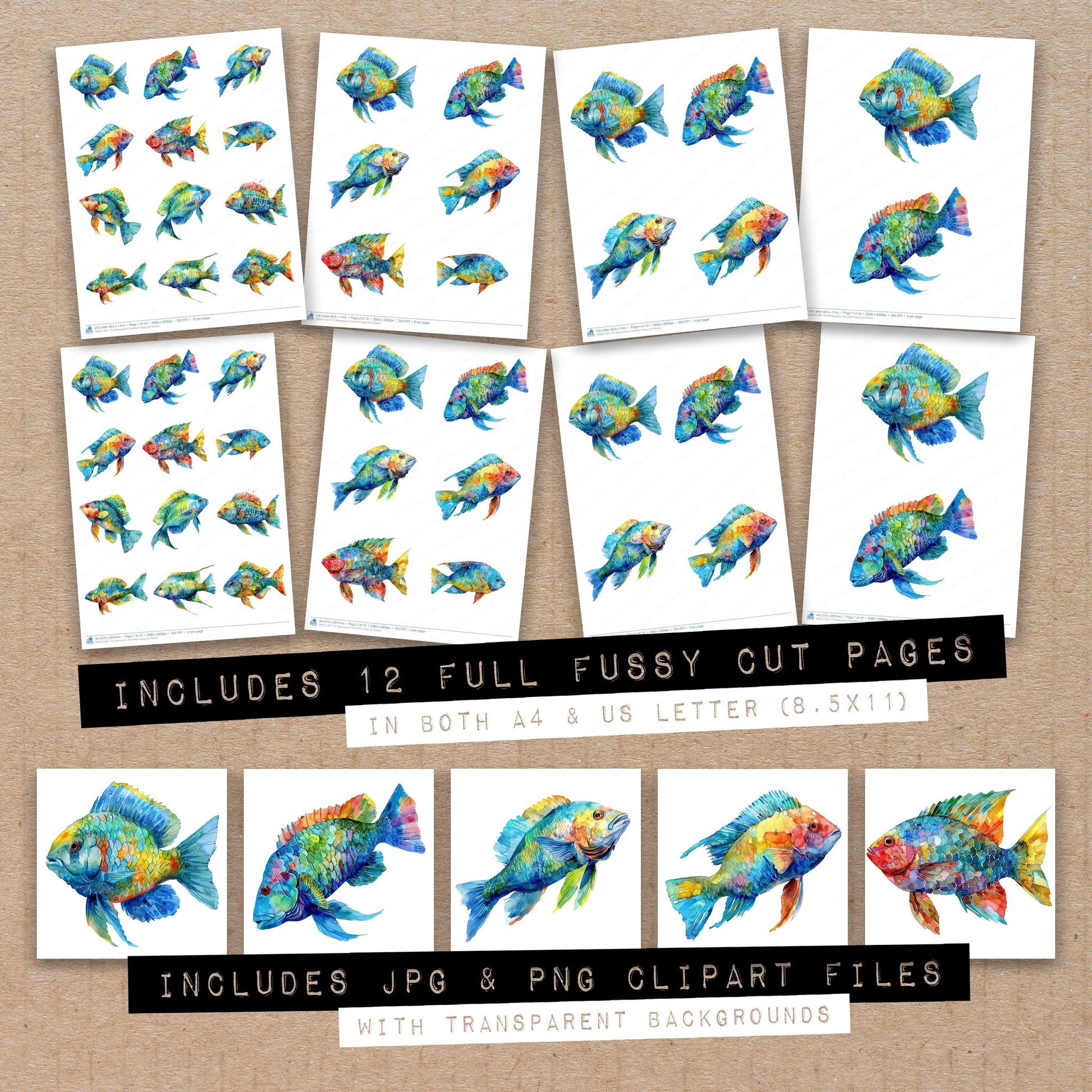 Full collection view of Watercolour Parrotfish fussy cut sheets with bonus clipart JPG and PNG files
