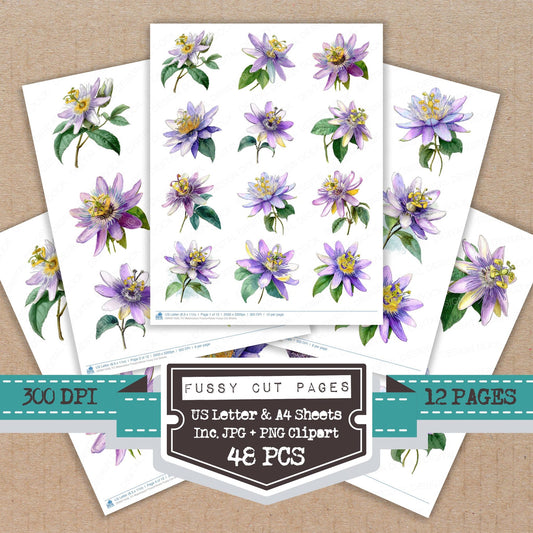Watercolour Passionflower fussy cut printable sheets for junk journaling, scrapbooking, and paper craft projects