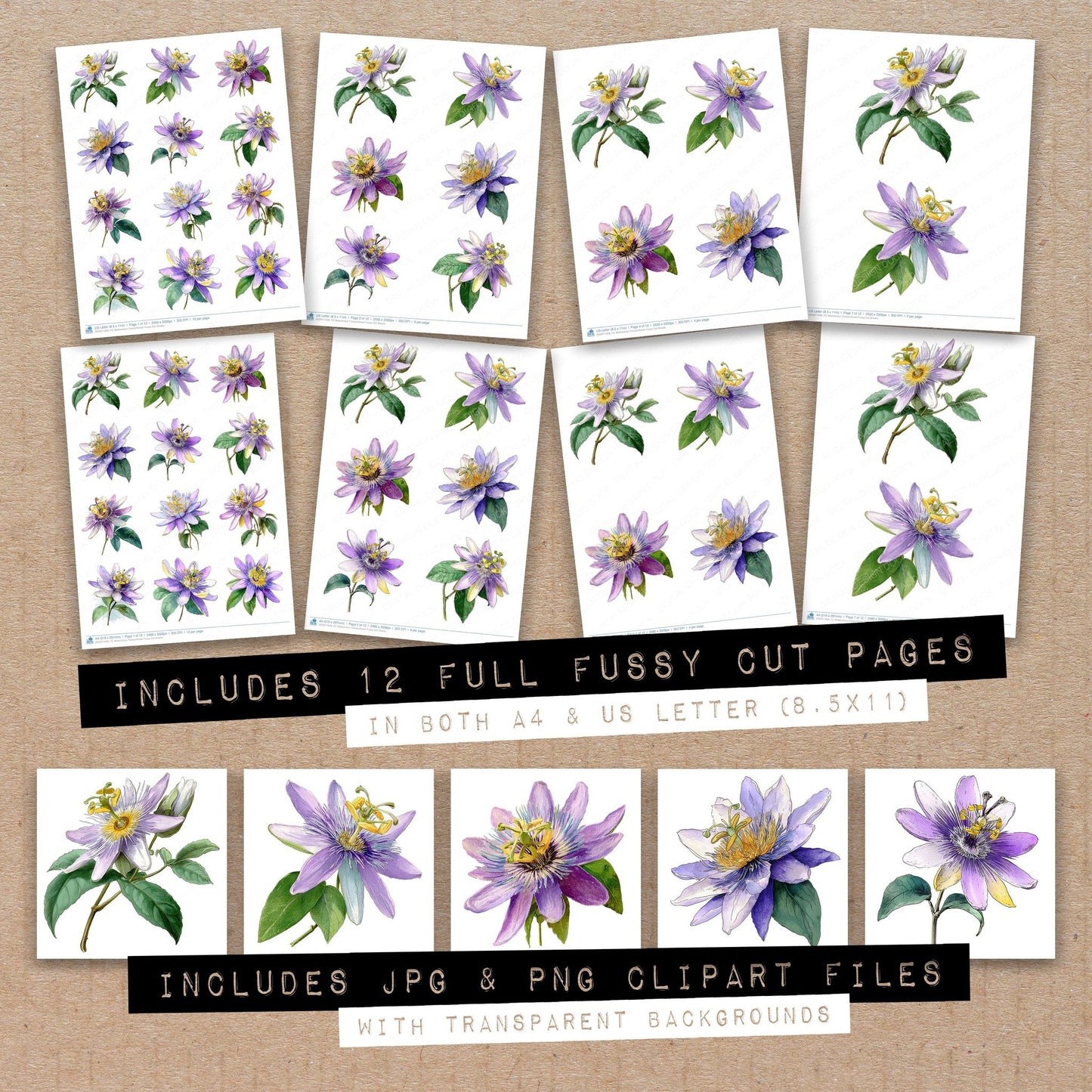 Full collection view of Watercolour Passionflower fussy cut sheets with bonus clipart JPG and PNG files