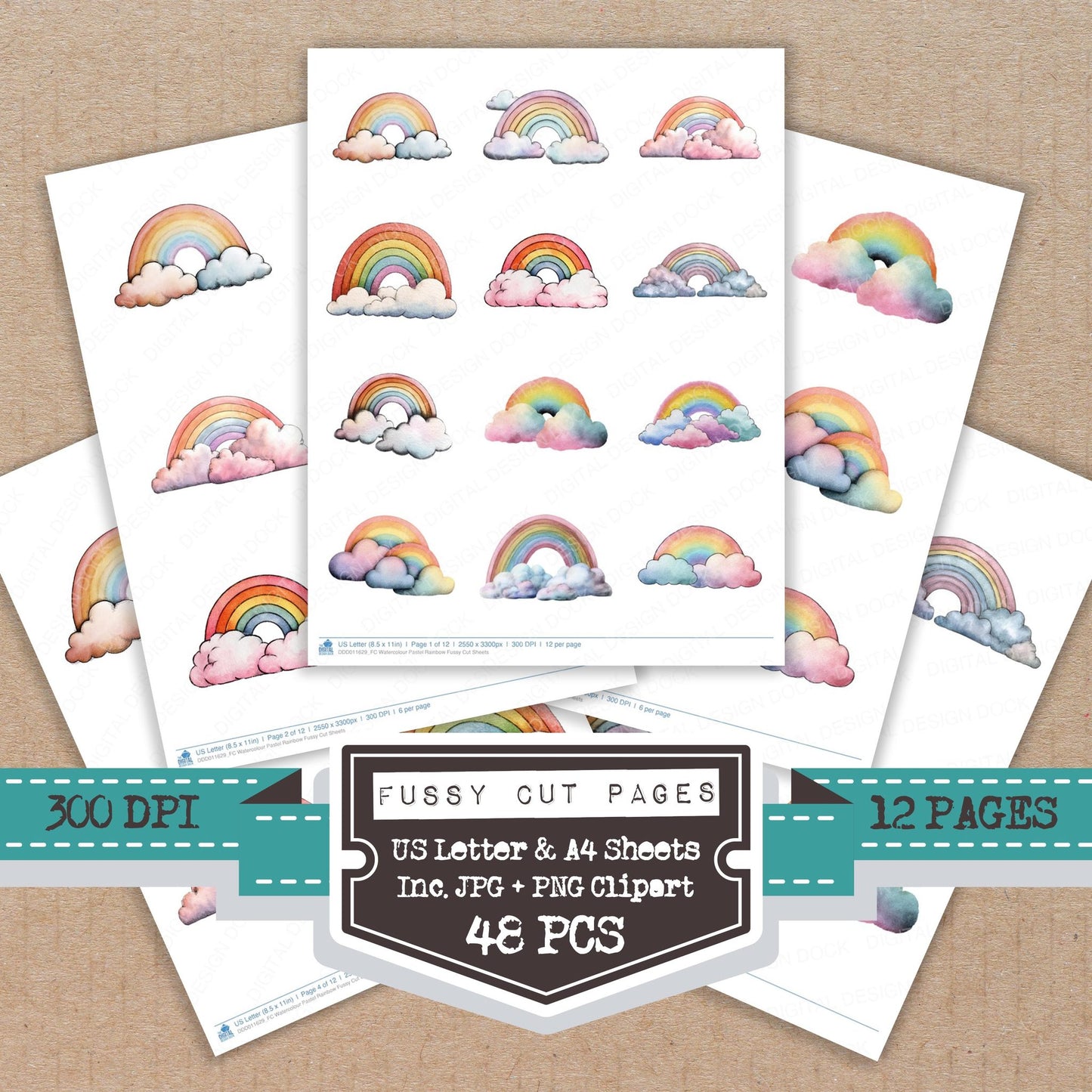 Watercolour Pastel Rainbow fussy cut printable sheets for junk journaling, scrapbooking, and paper craft projects