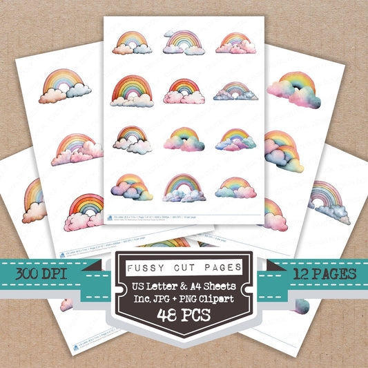 Watercolour Pastel Rainbow fussy cut printable sheets for junk journaling, scrapbooking, and paper craft projects