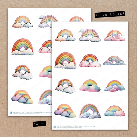 A4 and US Letter format comparison showing Watercolour Pastel Rainbow fussy cut pages for print and cut crafting