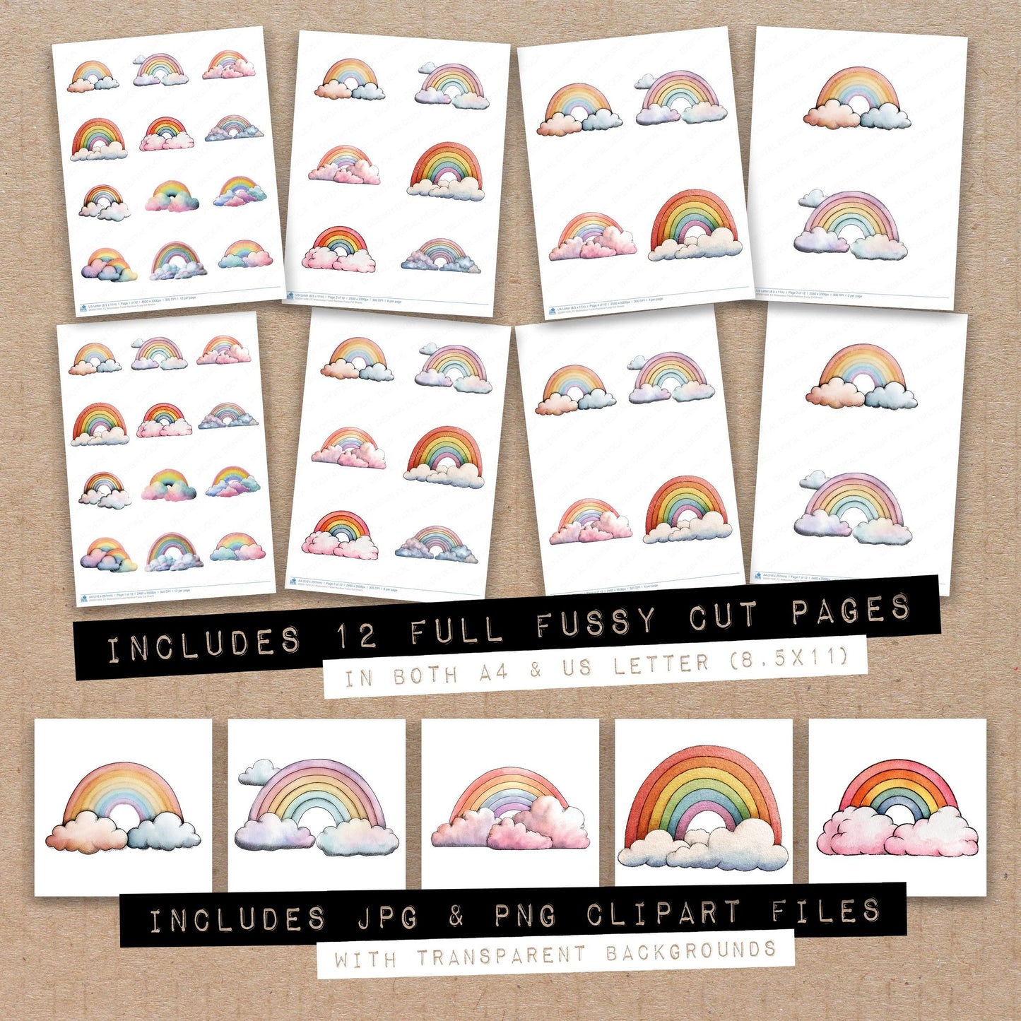 Full collection view of Watercolour Pastel Rainbow fussy cut sheets with bonus clipart JPG and PNG files