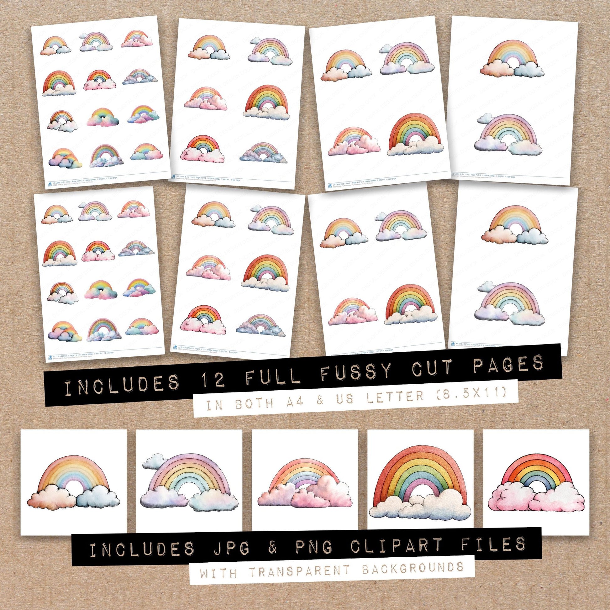 Full collection view of Watercolour Pastel Rainbow fussy cut sheets with bonus clipart JPG and PNG files