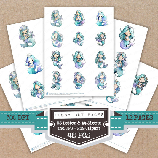 Watercolour Pearl Mermaid fussy cut printable sheets for junk journaling, scrapbooking, and paper craft projects