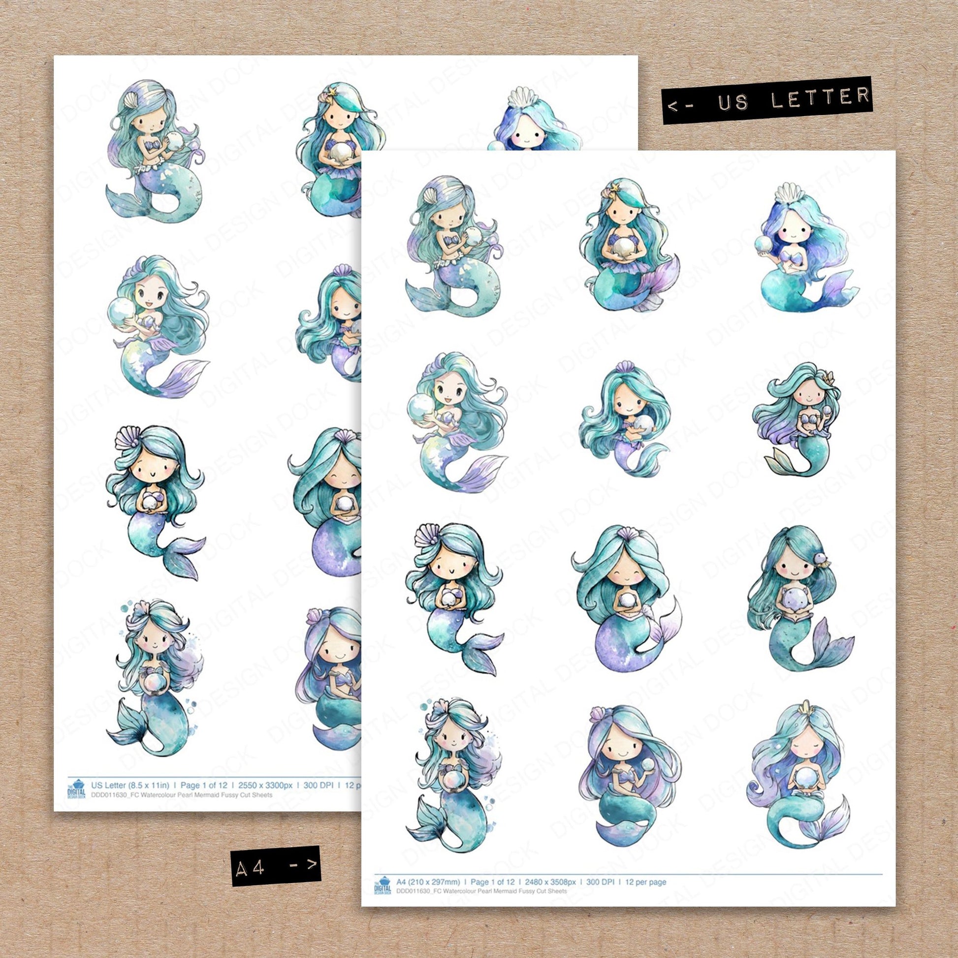 A4 and US Letter format comparison showing Watercolour Pearl Mermaid fussy cut pages for print and cut crafting