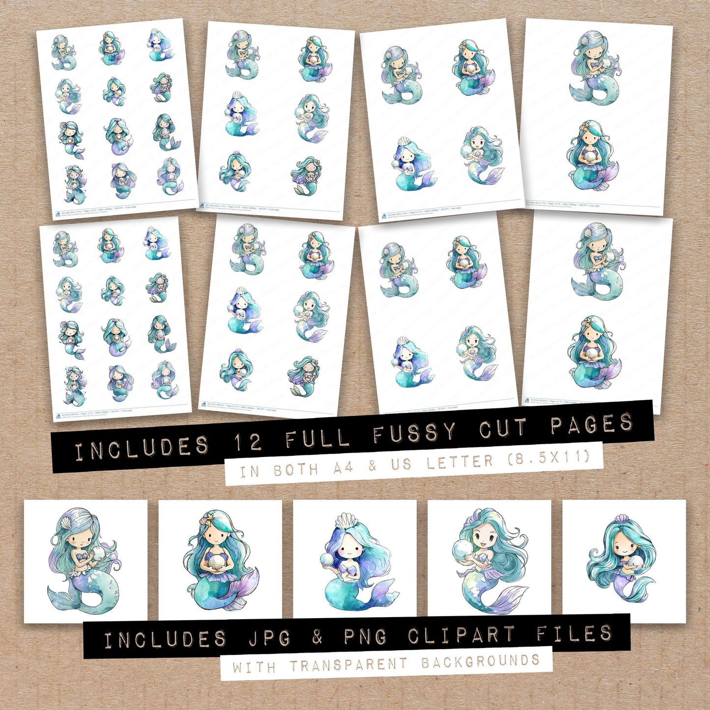 Full collection view of Watercolour Pearl Mermaid fussy cut sheets with bonus clipart JPG and PNG files