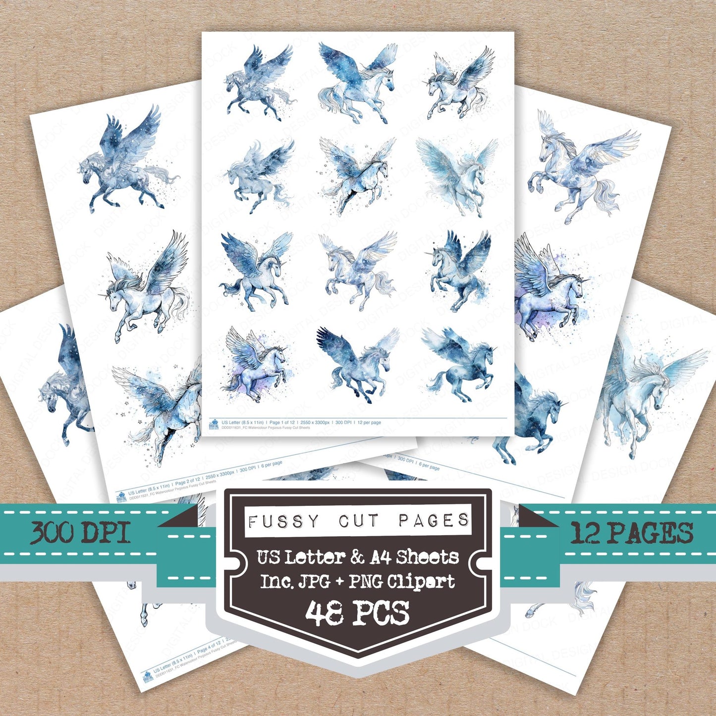 Watercolour Pegasus fussy cut printable sheets for junk journaling, scrapbooking, and paper craft projects