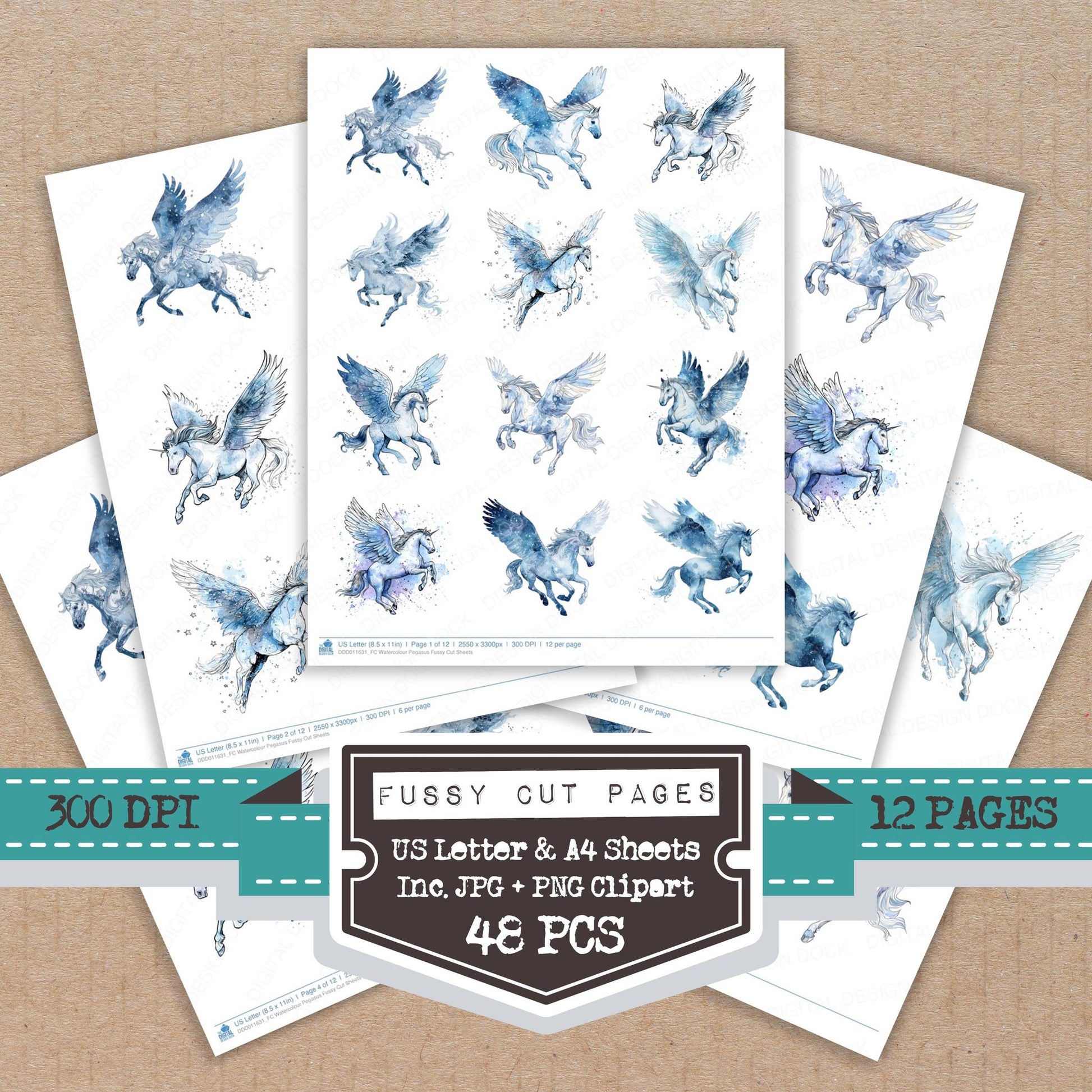 Watercolour Pegasus fussy cut printable sheets for junk journaling, scrapbooking, and paper craft projects
