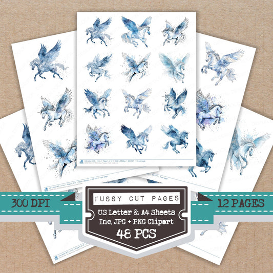 Watercolour Pegasus fussy cut printable sheets for junk journaling, scrapbooking, and paper craft projects