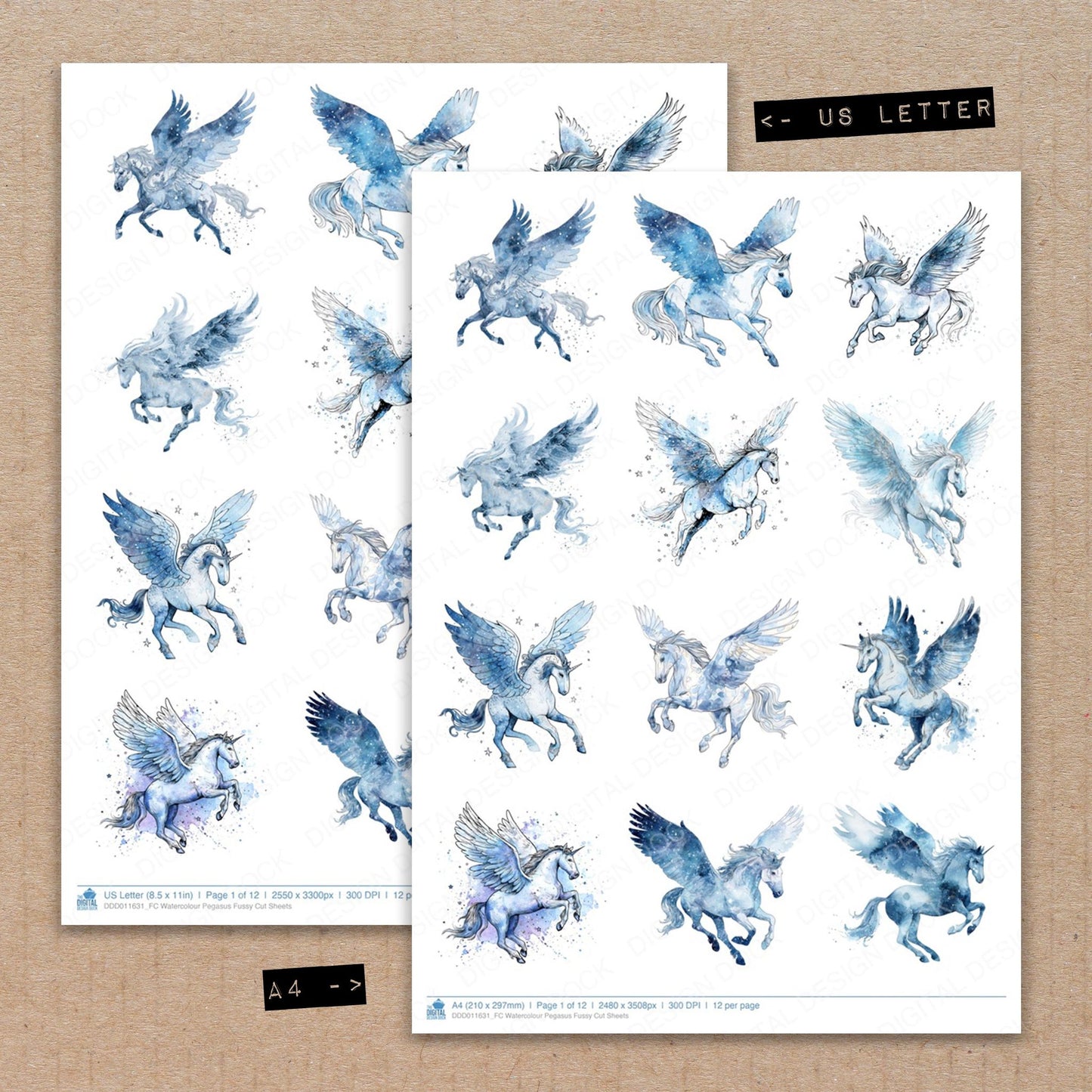 A4 and US Letter format comparison showing Watercolour Pegasus fussy cut pages for print and cut crafting