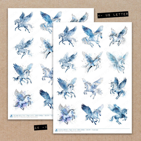 A4 and US Letter format comparison showing Watercolour Pegasus fussy cut pages for print and cut crafting