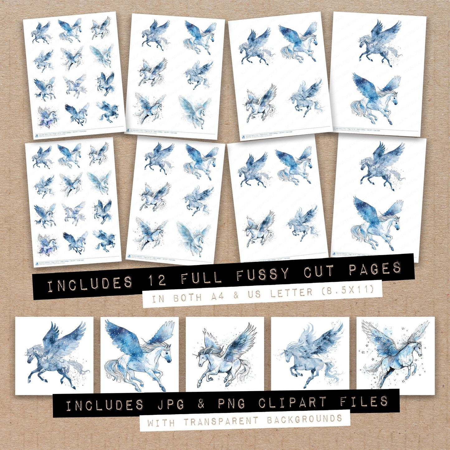 Full collection view of Watercolour Pegasus fussy cut sheets with bonus clipart JPG and PNG files