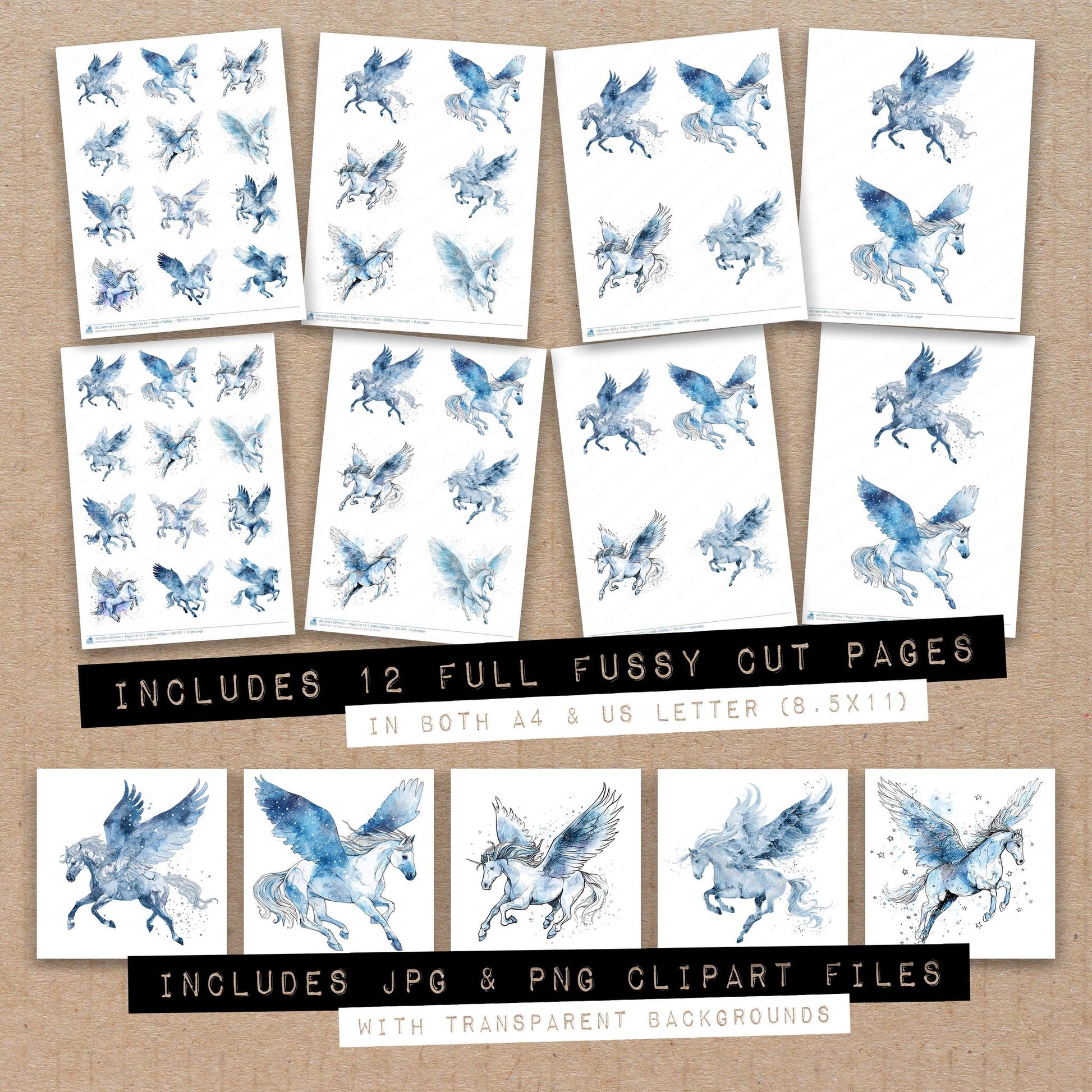 Full collection view of Watercolour Pegasus fussy cut sheets with bonus clipart JPG and PNG files