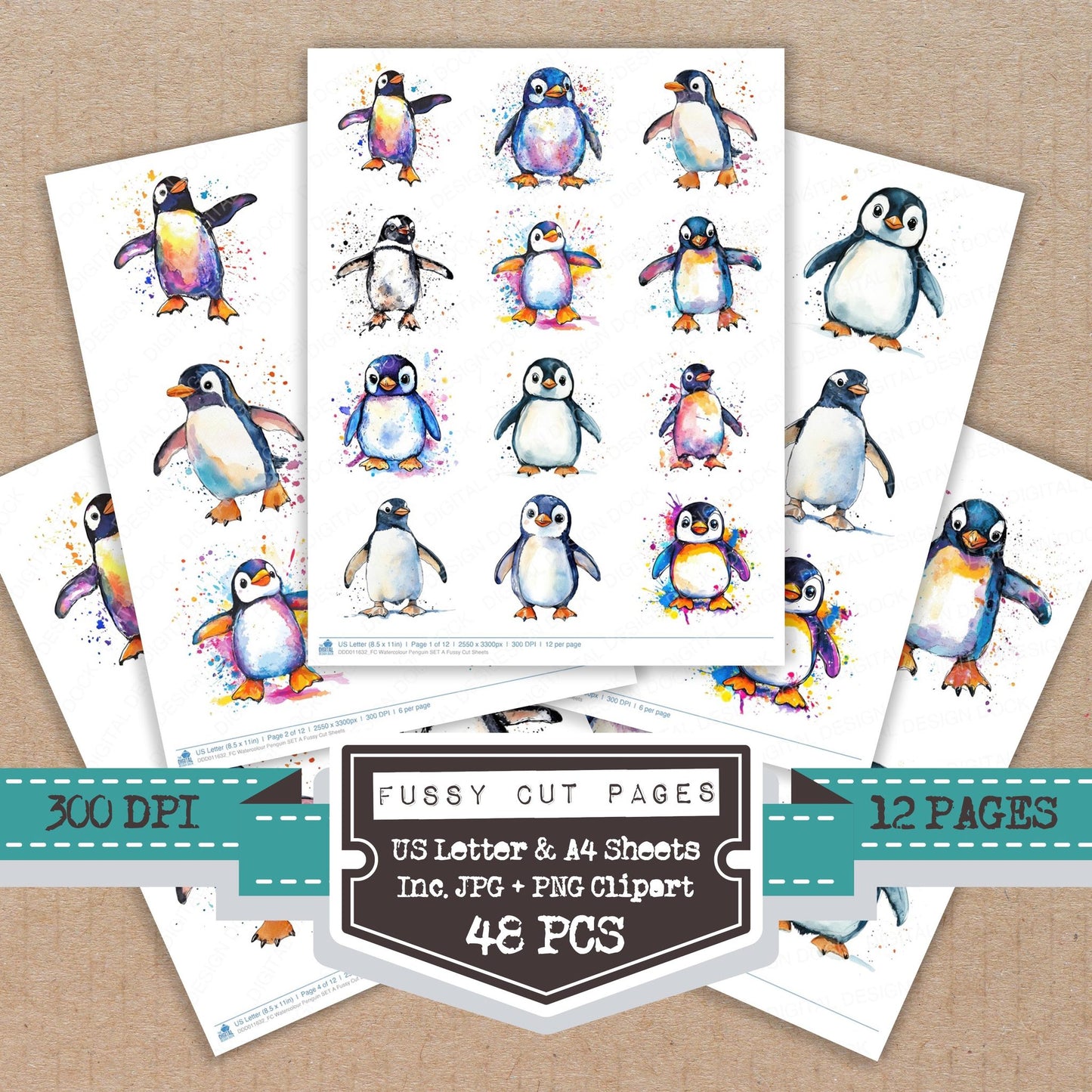 Watercolour Penguin A fussy cut printable sheets for junk journaling, scrapbooking, and paper craft projects