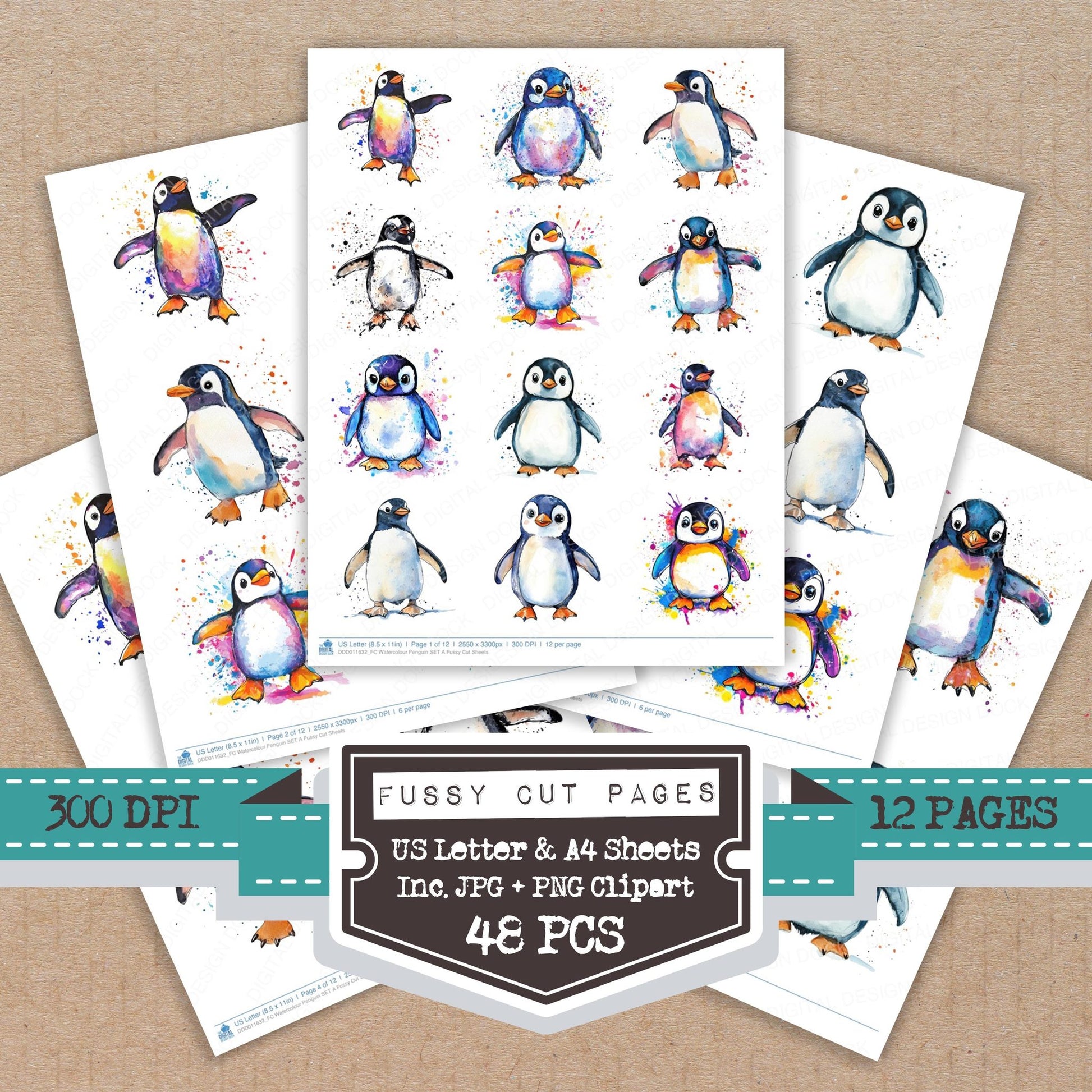 Watercolour Penguin A fussy cut printable sheets for junk journaling, scrapbooking, and paper craft projects