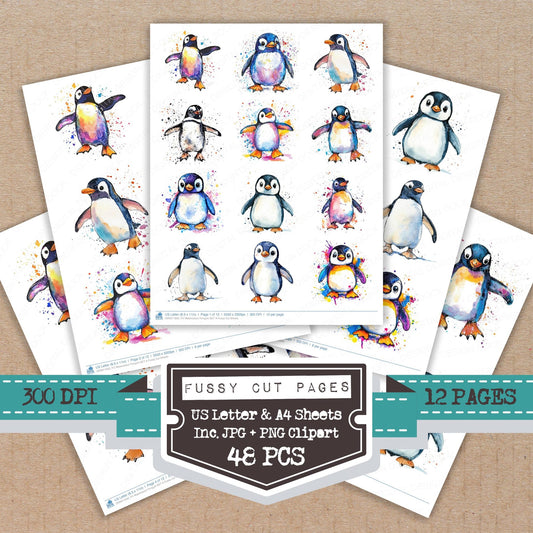 Watercolour Penguin A fussy cut printable sheets for junk journaling, scrapbooking, and paper craft projects