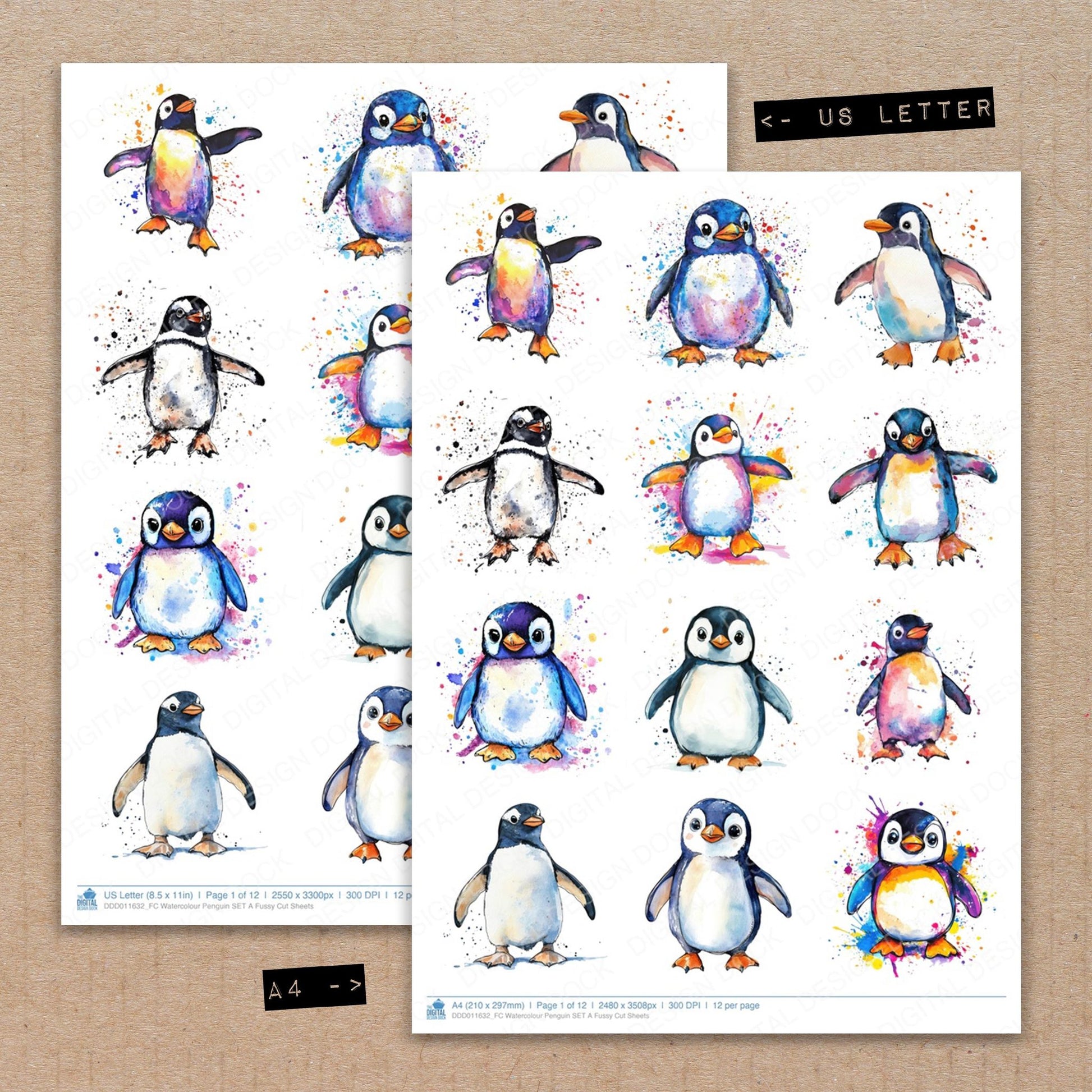 A4 and US Letter format comparison showing Watercolour Penguin A fussy cut pages for print and cut crafting