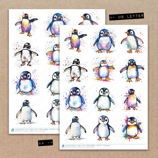 A4 and US Letter format comparison showing Watercolour Penguin A fussy cut pages for print and cut crafting