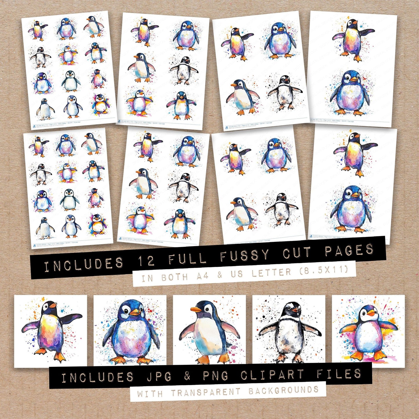 Full collection view of Watercolour Penguin A fussy cut sheets with bonus clipart JPG and PNG files