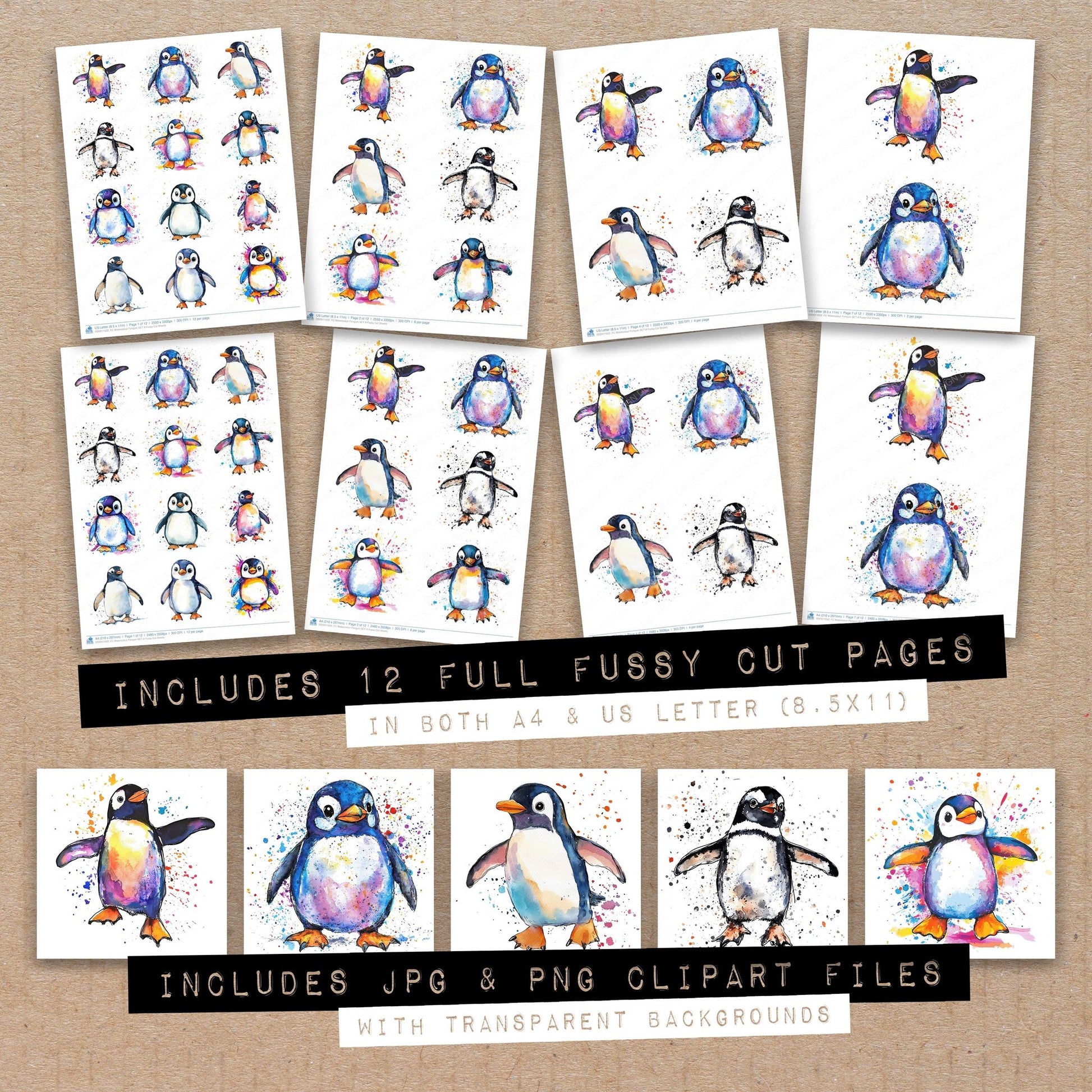 Full collection view of Watercolour Penguin A fussy cut sheets with bonus clipart JPG and PNG files