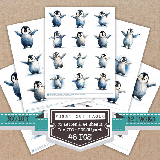 Watercolour Penguin B fussy cut printable sheets for junk journaling, scrapbooking, and paper craft projects