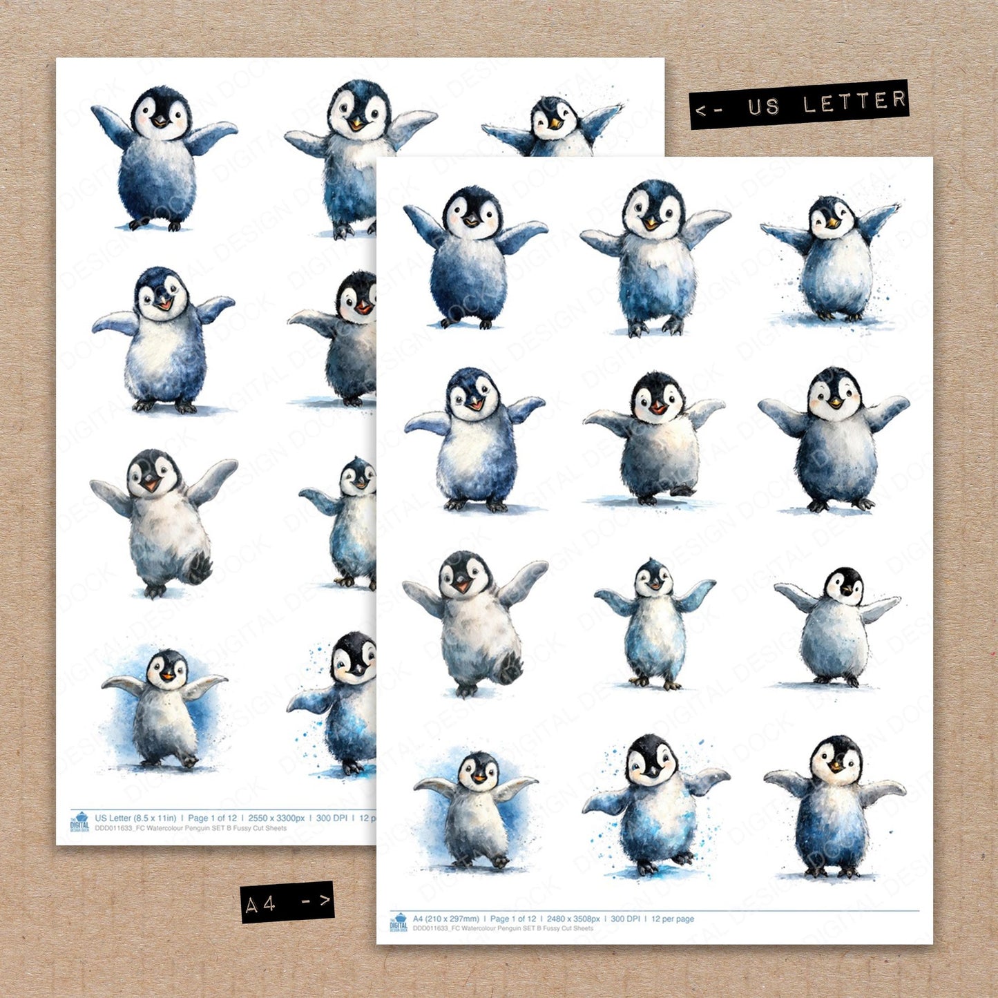A4 and US Letter format comparison showing Watercolour Penguin B fussy cut pages for print and cut crafting